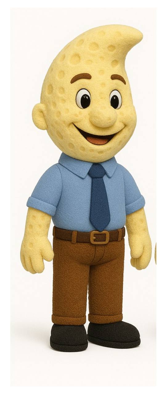 Mr. Moon, our smiling crescent-moon teacher in a blue shirt